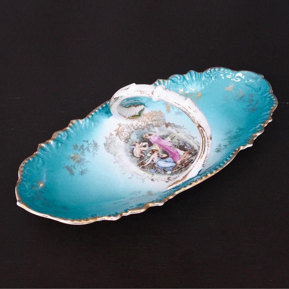 Antique Victorian Royal Bavarian PMB China Germany Teal Classical Handled Dish